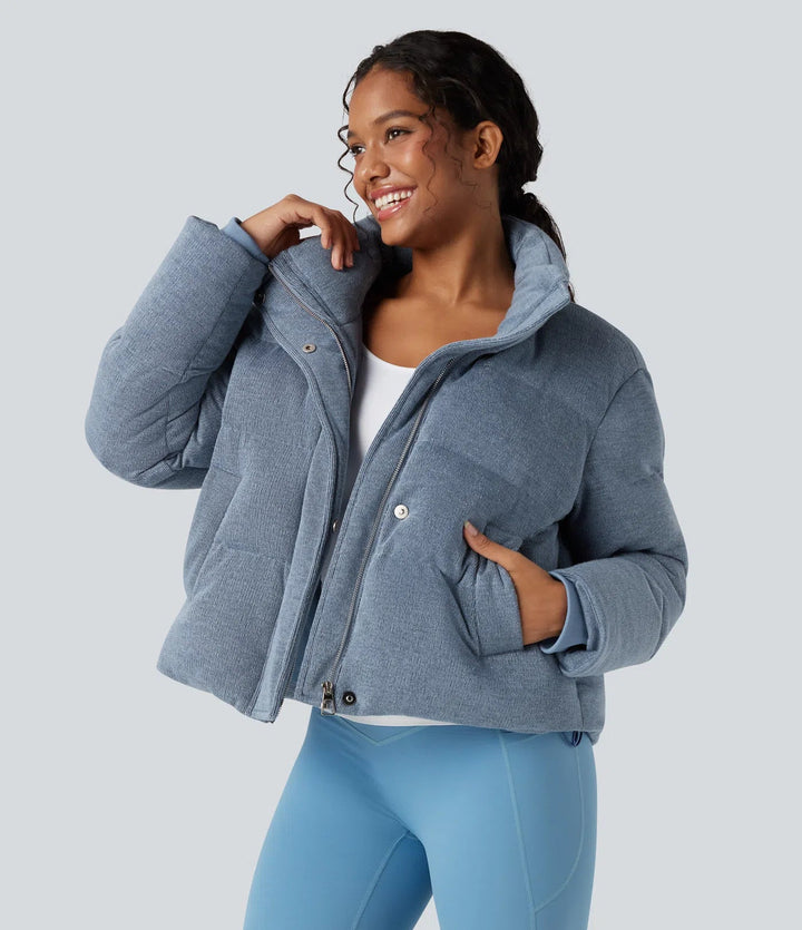 High Neck Drawstring Hem Sparkle Casual Puffer Jacket with Pockets