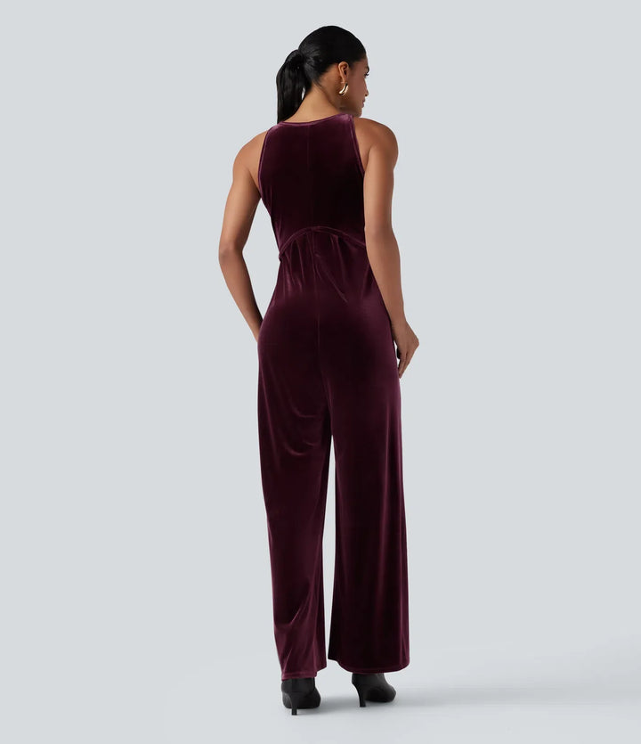 Round Neck Sleeveless Tie Back Velvet Party Jumpsuit with Pockets