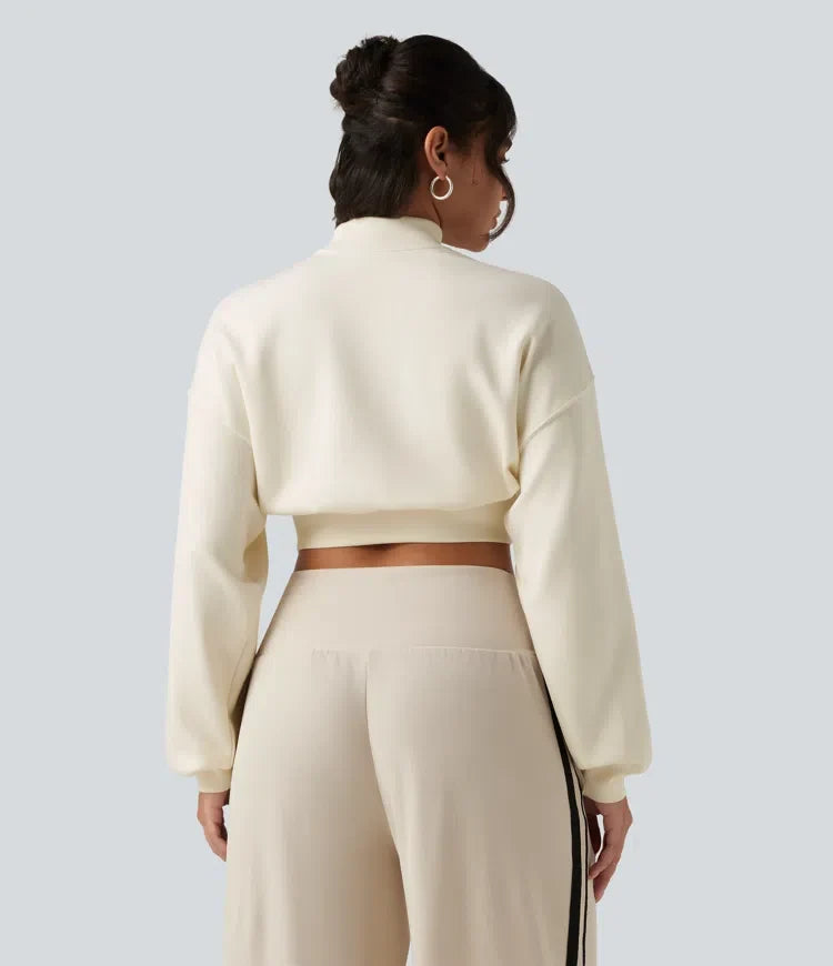 Mock Neck Dropped Long Sleeve Casual Cropped Sweatshirt