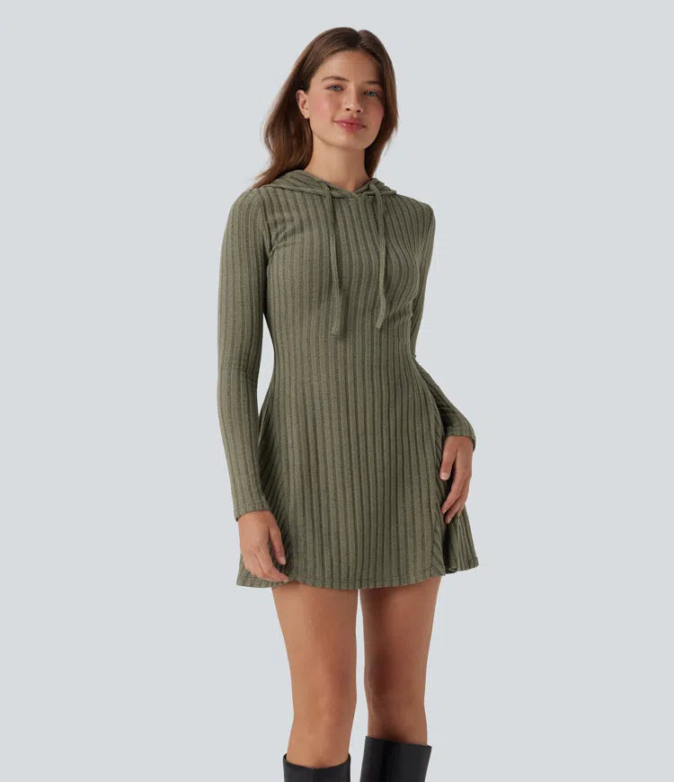 Ribbed Knit Hooded Drawstring Long Sleeve Mini Casual Dress