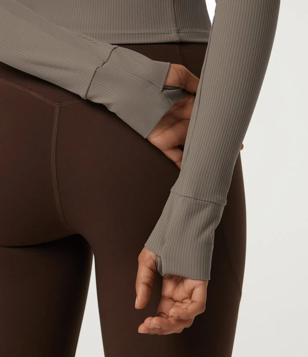 Ribbed Knit Round Neck Long Sleeve Yoga Track Jacket with Pockets and ThumbHoles
