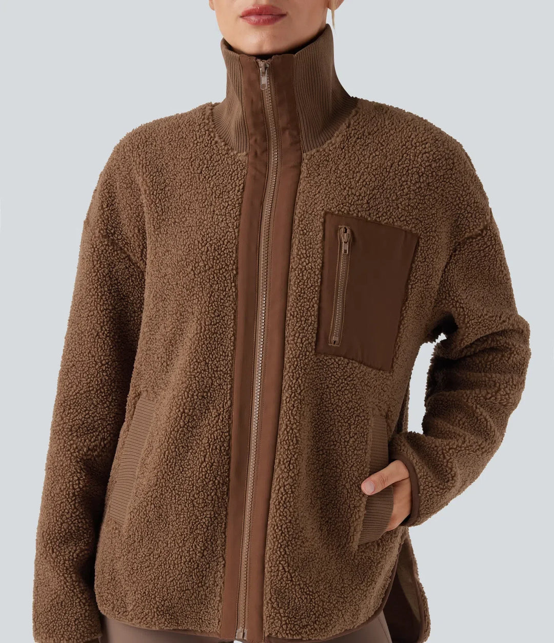 Long Sleeve High-Low Curved Hem Workout Sherpa Jacket with Pockets