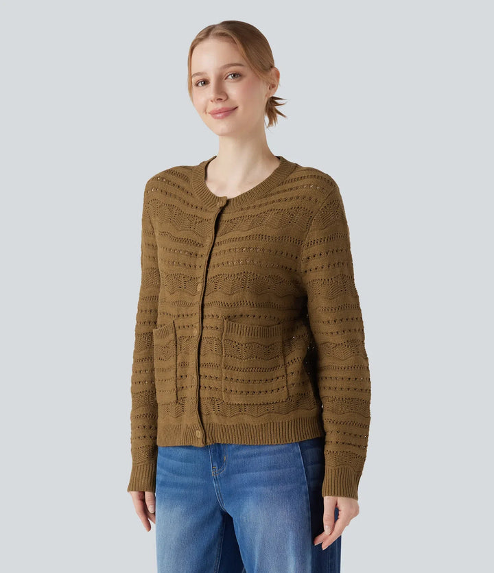 Round Neck Long Sleeve Button Fly Hollow Out Work Cardigan with Pockets