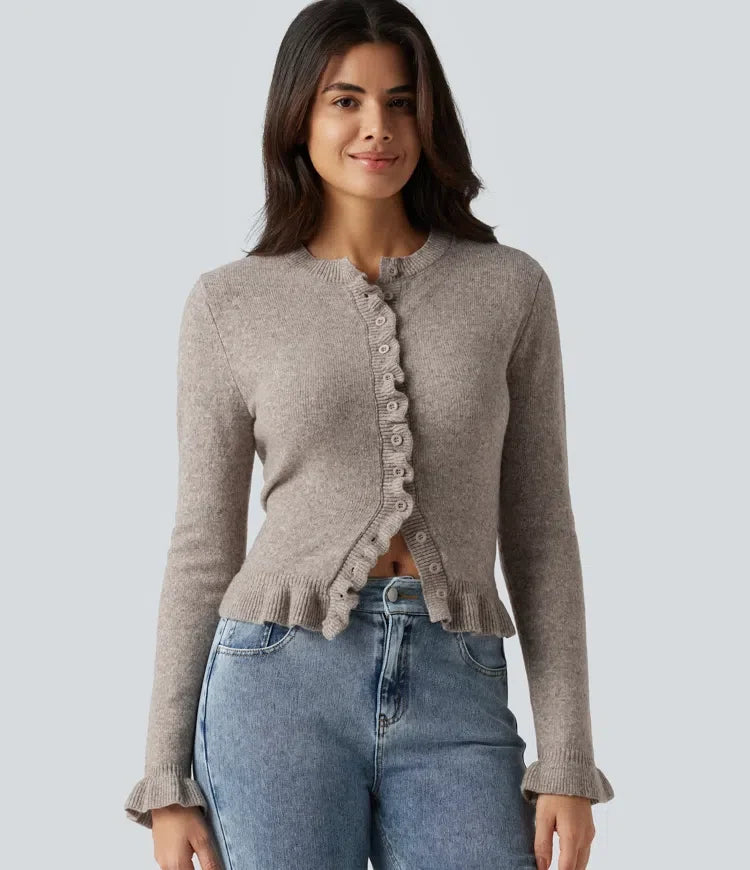 Round Neck Ruffle Long Sleeve Work Wool-Blend Cardigan