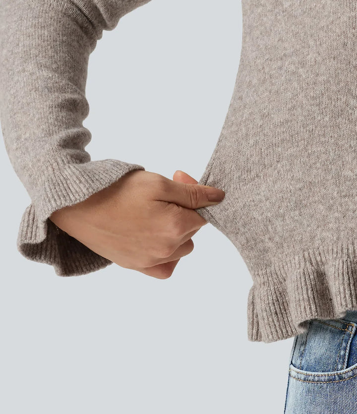Round Neck Ruffle Long Sleeve Work Wool-Blend Cardigan