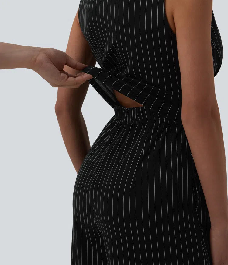 V Neck Sleeveless Ruched Stripes Work Jumpsuit with Pockets-Easy Peezy