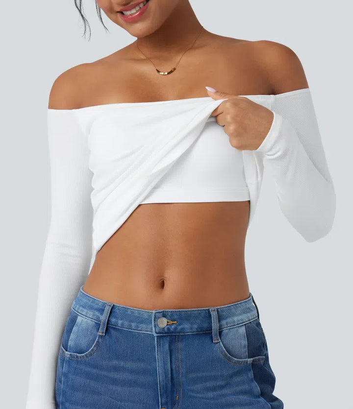 Ribbed Knit Off Shoulder Long Sleeve 2-in-1 Casual Top