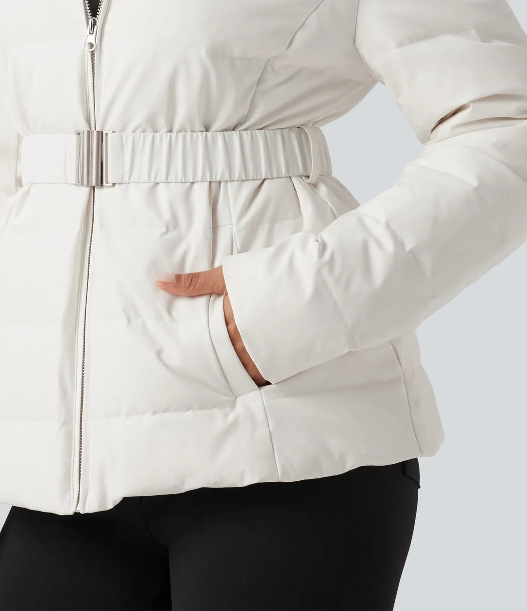 Hooded Long Sleeve Belted Work Down Jacket with Pockets