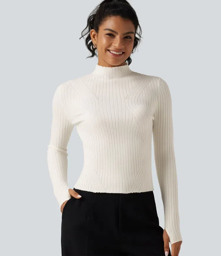 Mock Neck Long Sleeve Slim Work Sweater with Thumbholes
