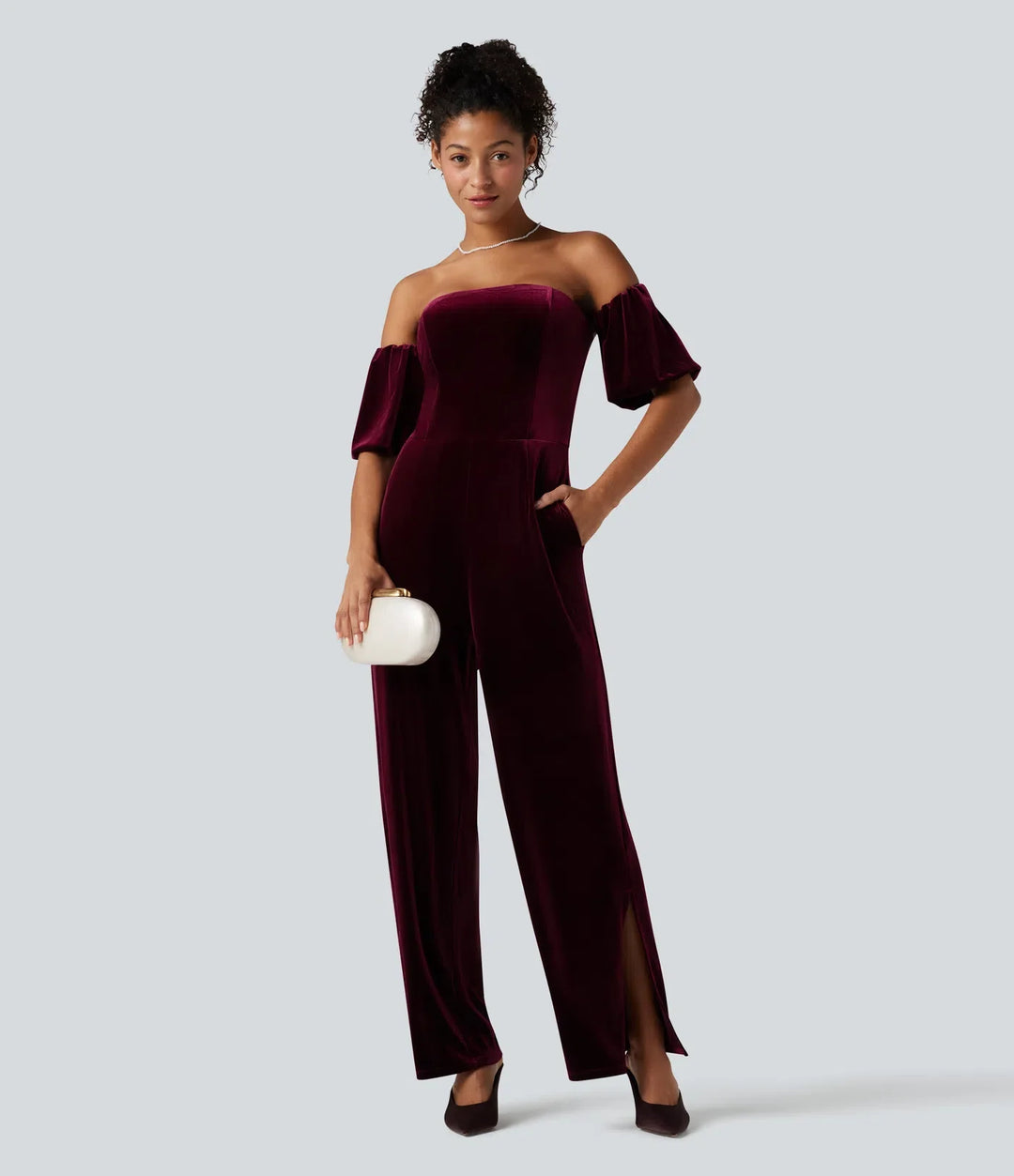 Tube Puff Sleeve Split Velvet Party Jumpsuit-Easy Peezy