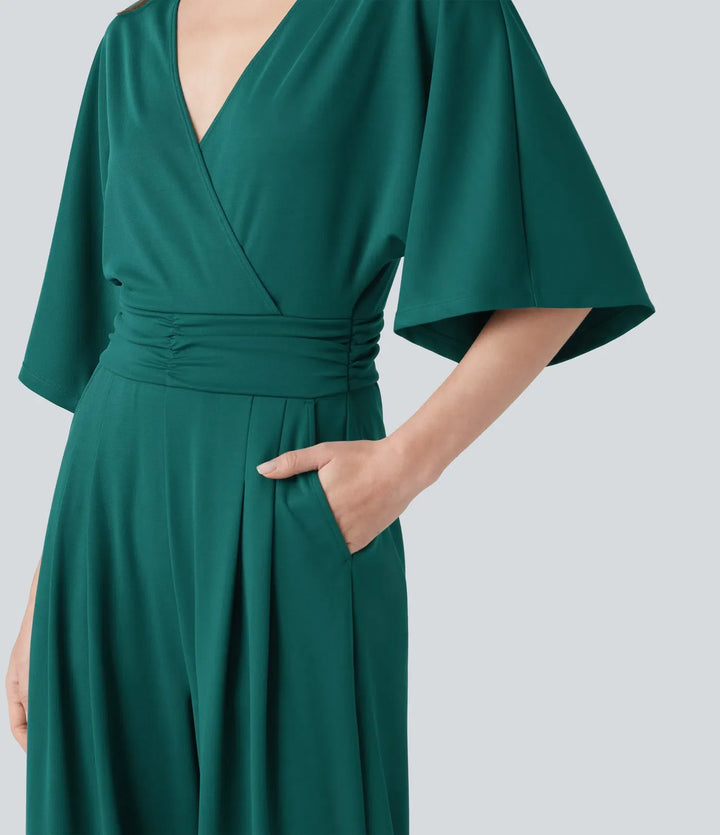 V-neck Half Sleeve Tie-back Work Baggy Jumpsuit with Pockets-Easy Peezy