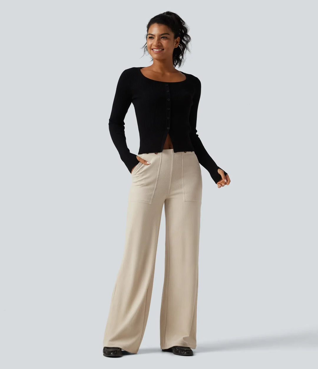 Mid Rise Wide Leg Corduroy Casual Pants with Pockets