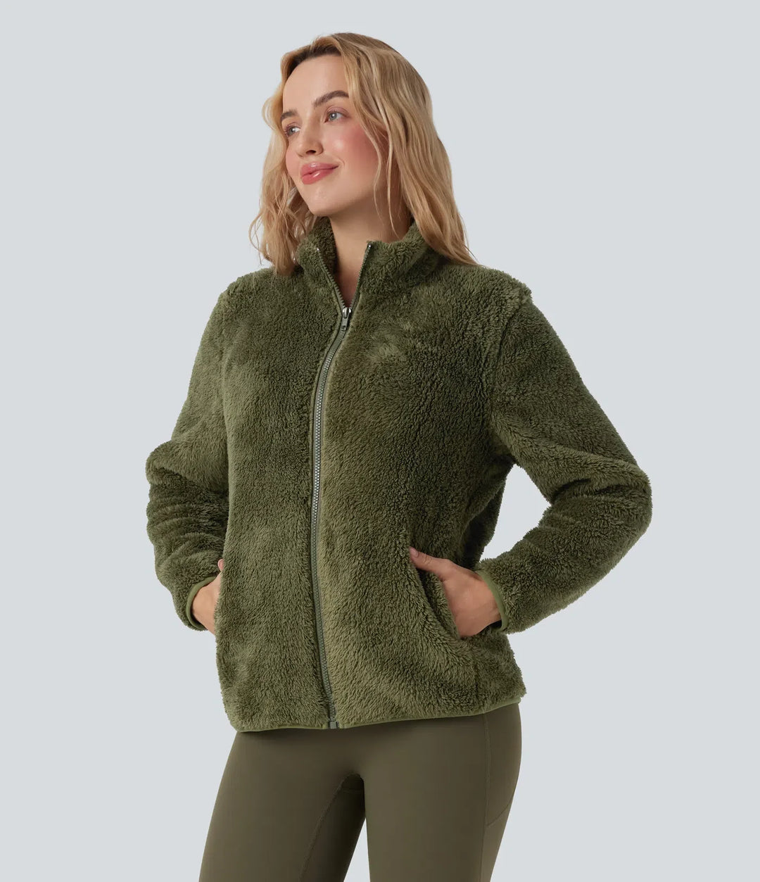Stand Collar Long Sleeve Casual Sherpa Jacket with Pockets