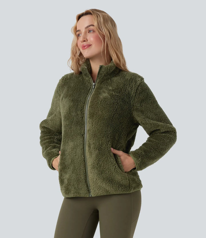 Stand Collar Long Sleeve Casual Sherpa Jacket with Pockets