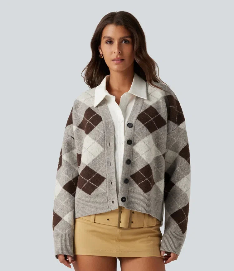 V Neck Long Sleeve Plaid Casual Cardigan
