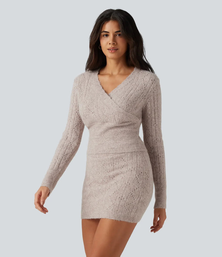 V Neck Long Sleeve Scallop Hem Open Knit Casual Sweater
