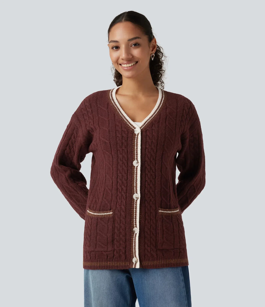V Neck Long Sleeve Color Block Work Cardigan with Pockets