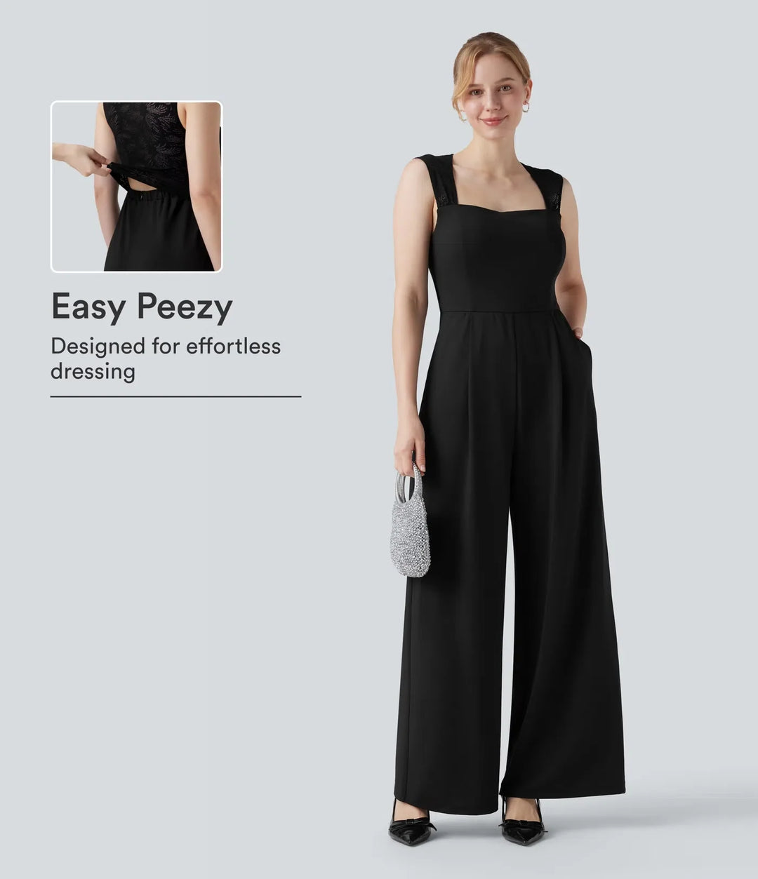 Square Neck Sleeveless Contrast Lace Bridesmaid And Wedding Guest Jumpsuit with Pockets-Easy Peezy