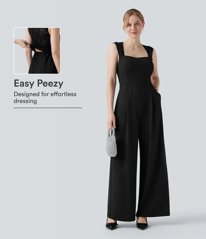 Square Neck Sleeveless Contrast Lace Bridesmaid And Wedding Guest Jumpsuit with Pockets-Easy Peezy