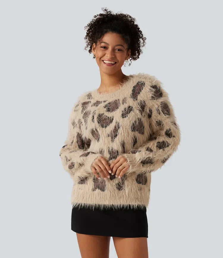Round Neck Long Sleeve Leopard Print Casual Sweater