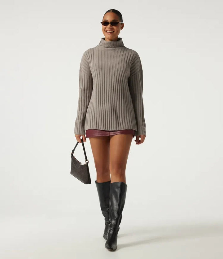 Ribbed Knit High Neck Dropped Long Sleeve Work Sweater