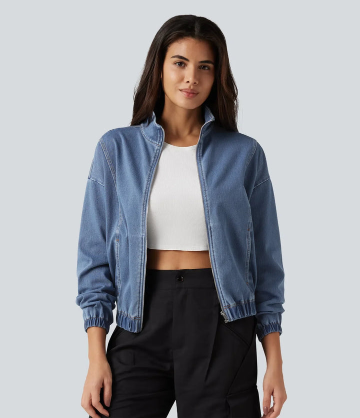 Halara Flex High Neck Long Sleeve Denim Casual Jacket with Pockets