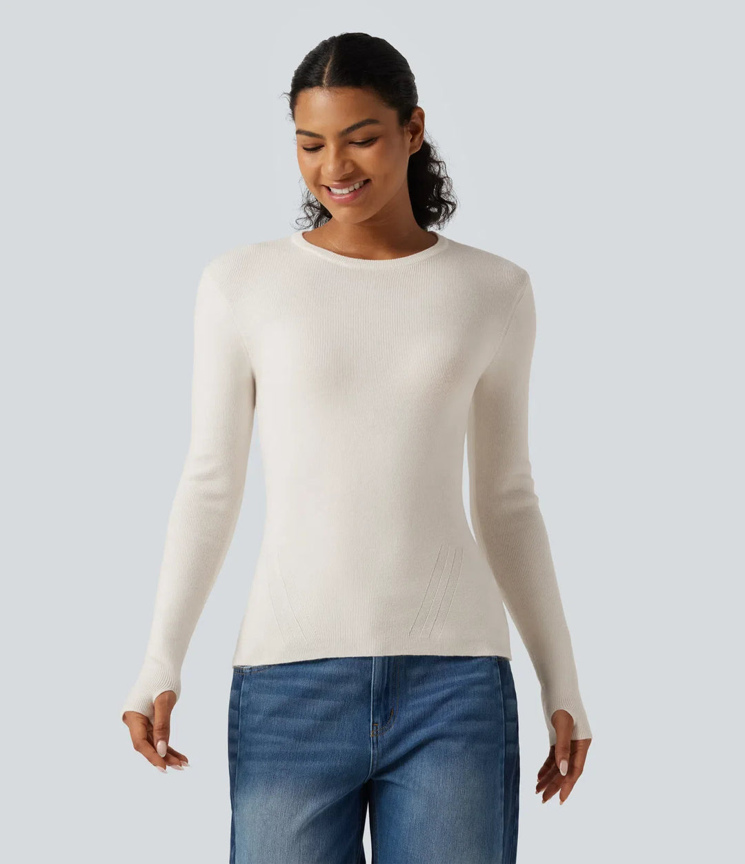 Round Neck Long Sleeve Thumb Hole Slim Work Sweater