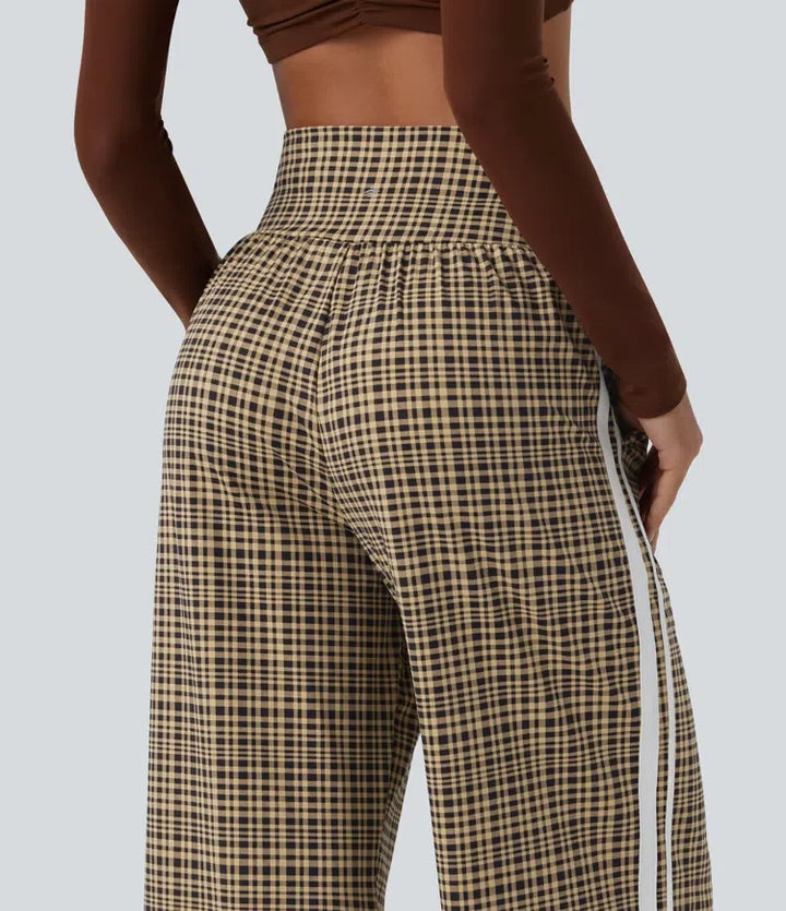 High Waisted Tummy Control Plaid Wide Leg Running Pants with Pockets