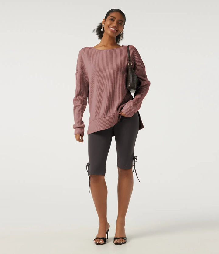 Round Neck Long Sleeve Slit Hem Casual Sweatshirt