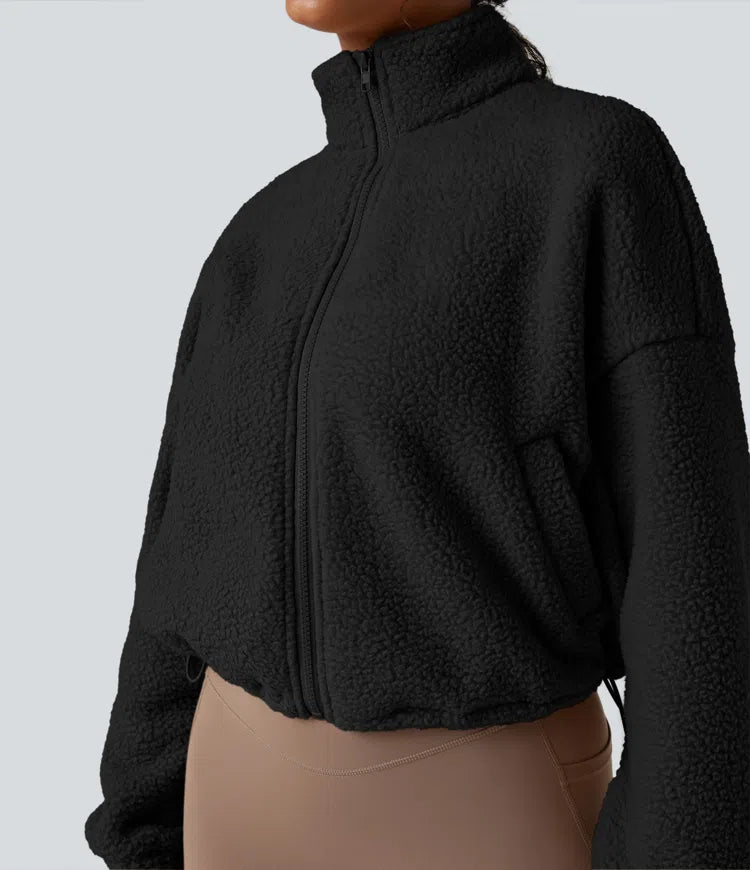 High Neck Long Sleeve Zipper Fleece Workout Jacket with Pockets
