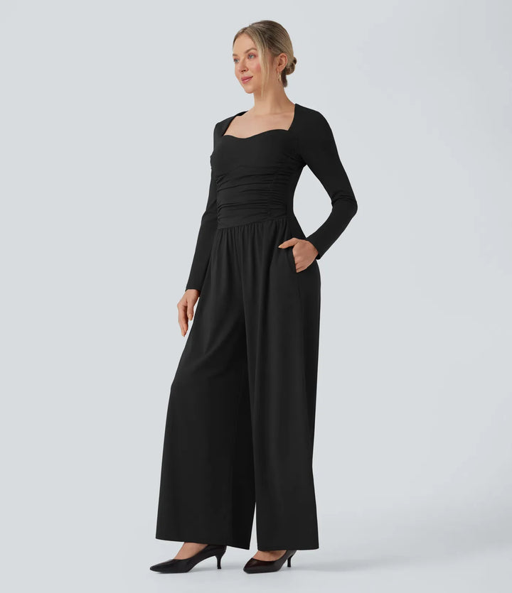 Sweetheart Neck Long Sleeve Ruched Casual Jumpsuit with Pockets-Easy Peezy Edition
