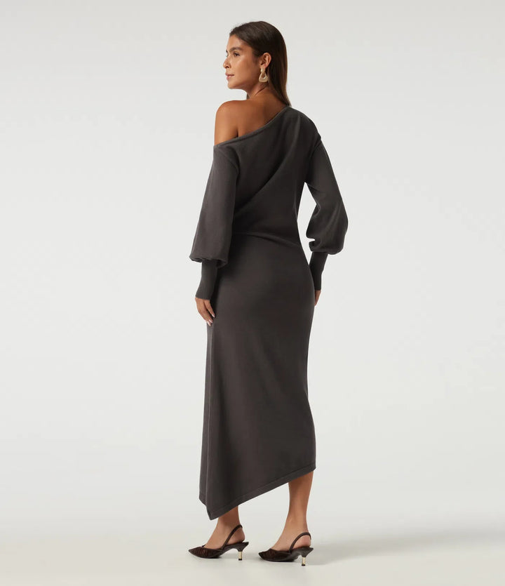 One Shoulder Puff Long Sleeve Asymmetric Work Midi Sweater Dress