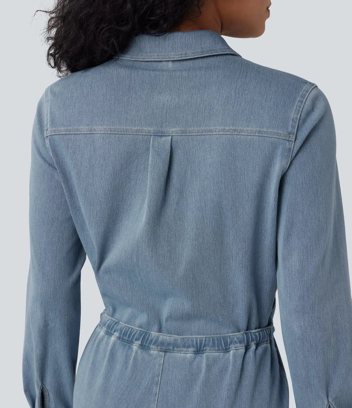 Halara Flex Long Sleeve Drawstring Wide Leg Washed Denim Casual Jumpsuit with Pockets-Easy Peezy Edition