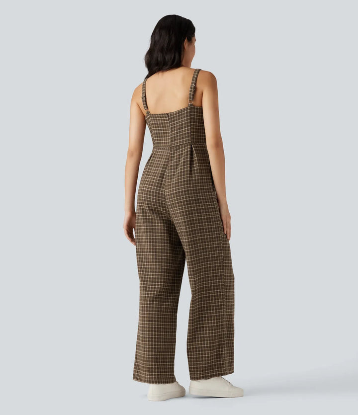 Plaid Casual Jumpsuit with Pockets