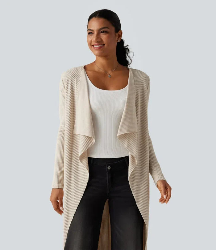 Ribbed Knit Open Front Long Sleeve Casual Longline Waterfall Cardigan with Pockets