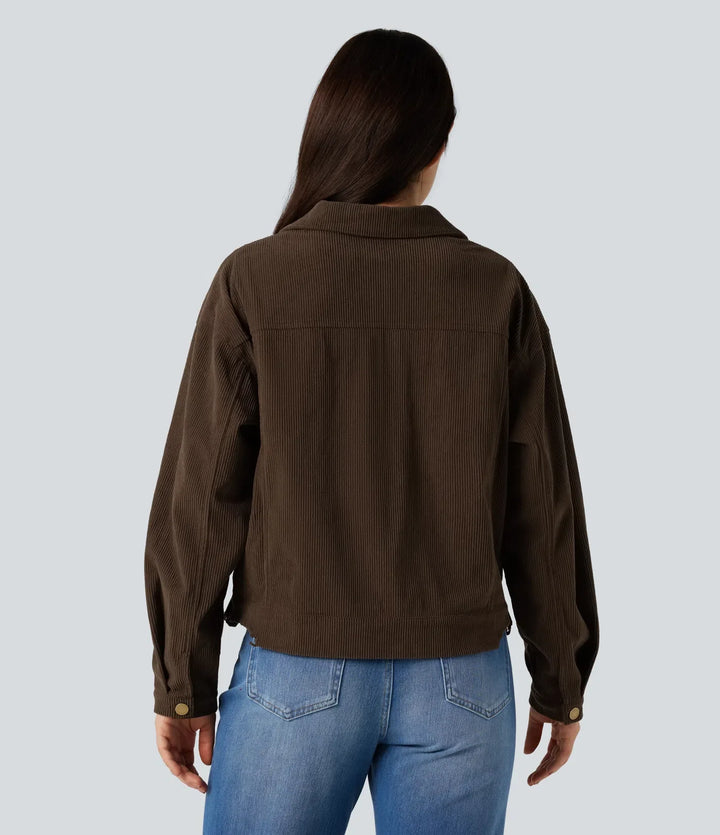 Long Sleeve Button Fly Corduroy Casual Shacket Jacket with Pockets