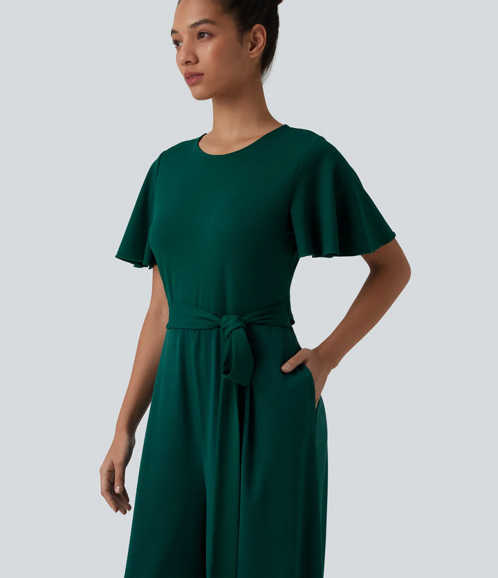 Round Neck Short Sleeve Tie Front Wide Leg Jumpsuit with Pockets-Easy Peezy Edition