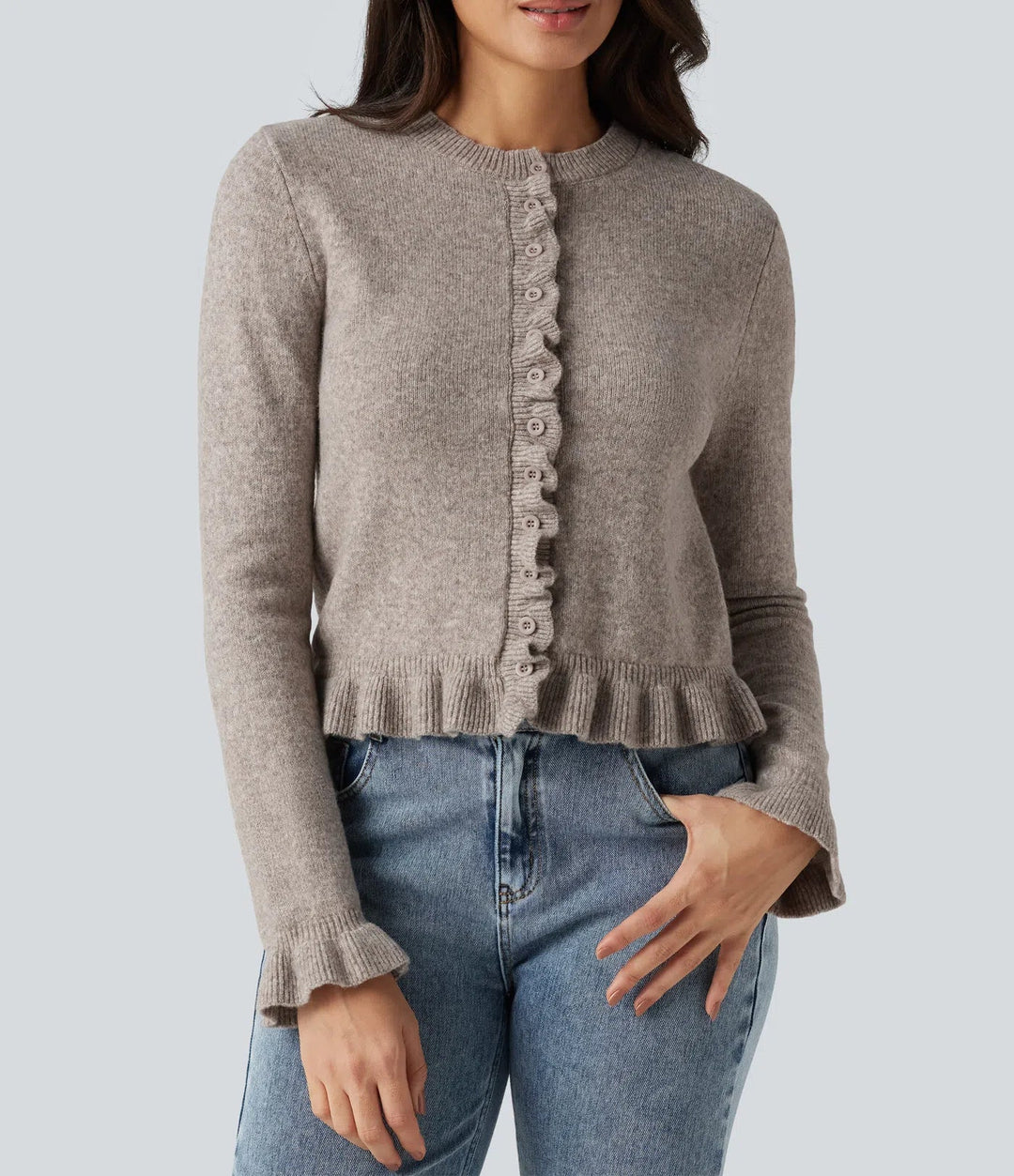 Round Neck Ruffle Long Sleeve Work Wool-Blend Cardigan