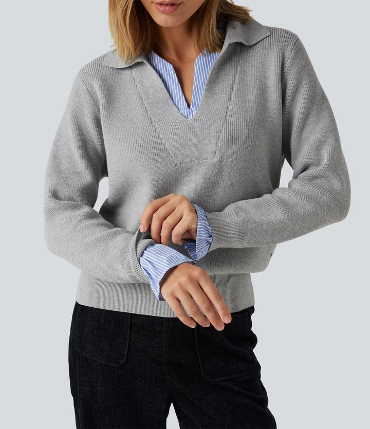 Collared V Neck Long Sleeve 2-in-1 Work Sweater