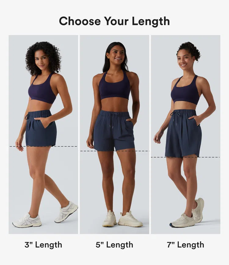 High Waisted Elastic Waistband Drawstring Pleated Yoga Shorts 5" with Pockets