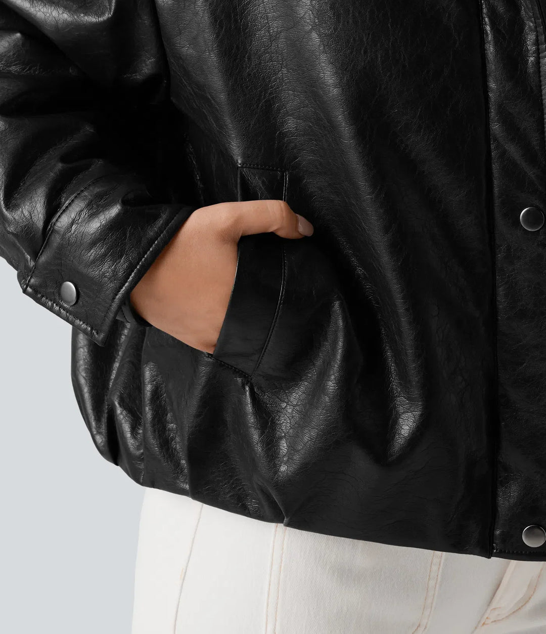 Faux Fur Collar Zip Fly Casual Faux Leather Jacket with Pockets