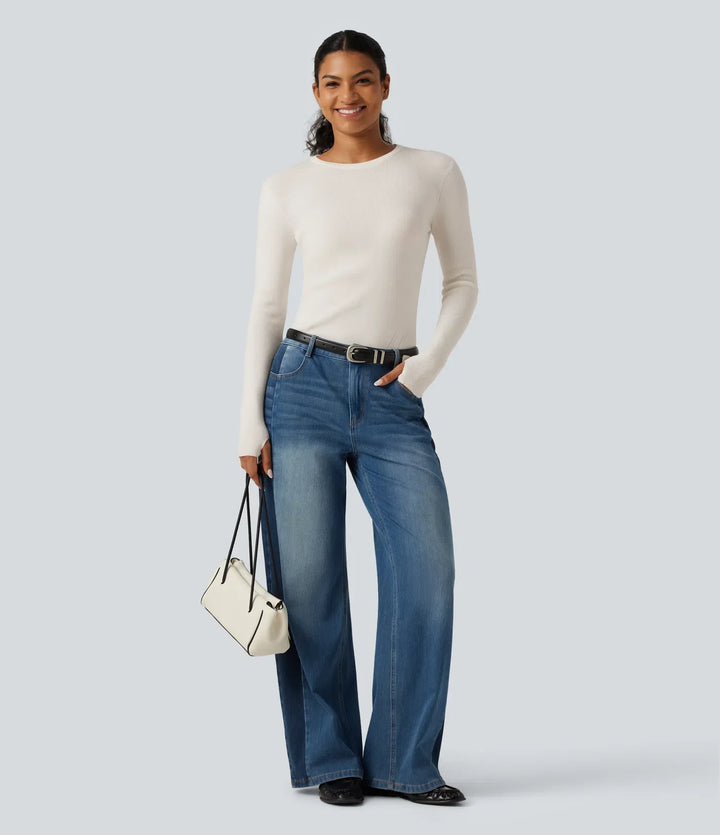 Round Neck Long Sleeve Thumb Hole Slim Work Sweater