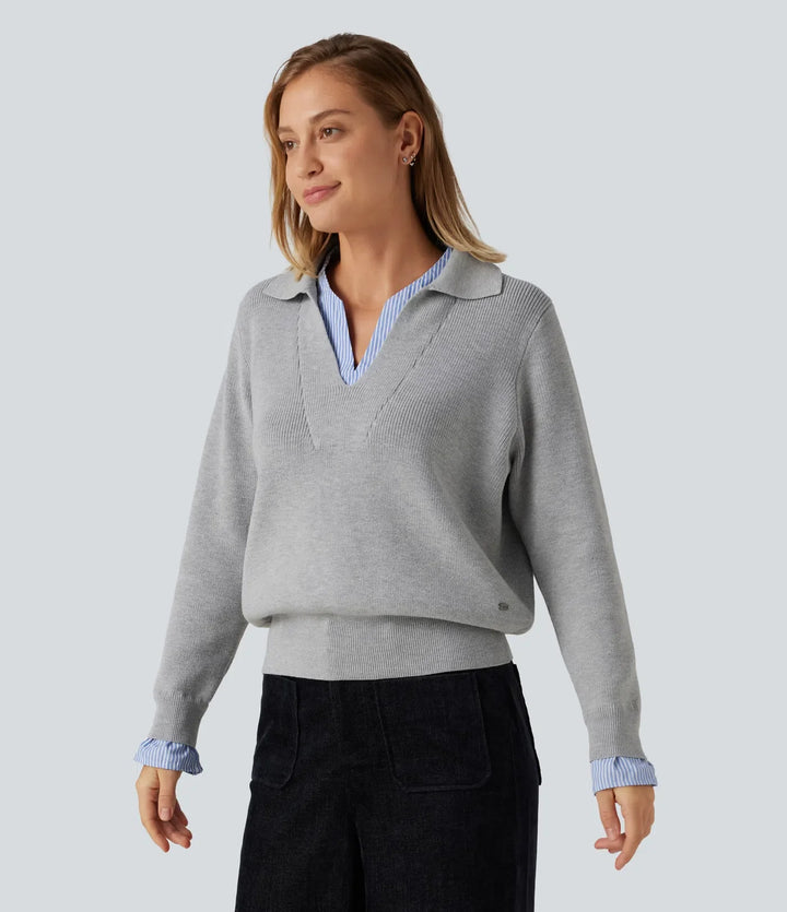 Collared V Neck Long Sleeve 2-in-1 Work Sweater