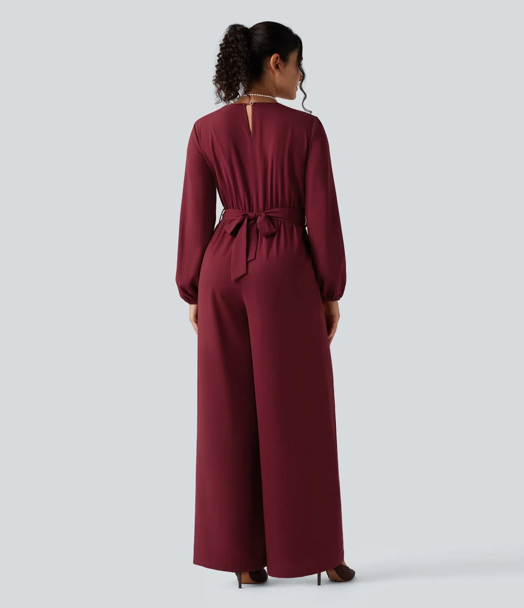 V-neck Puff Long Sleeve Belted Wide Leg Party Jumpsuit with Pockets