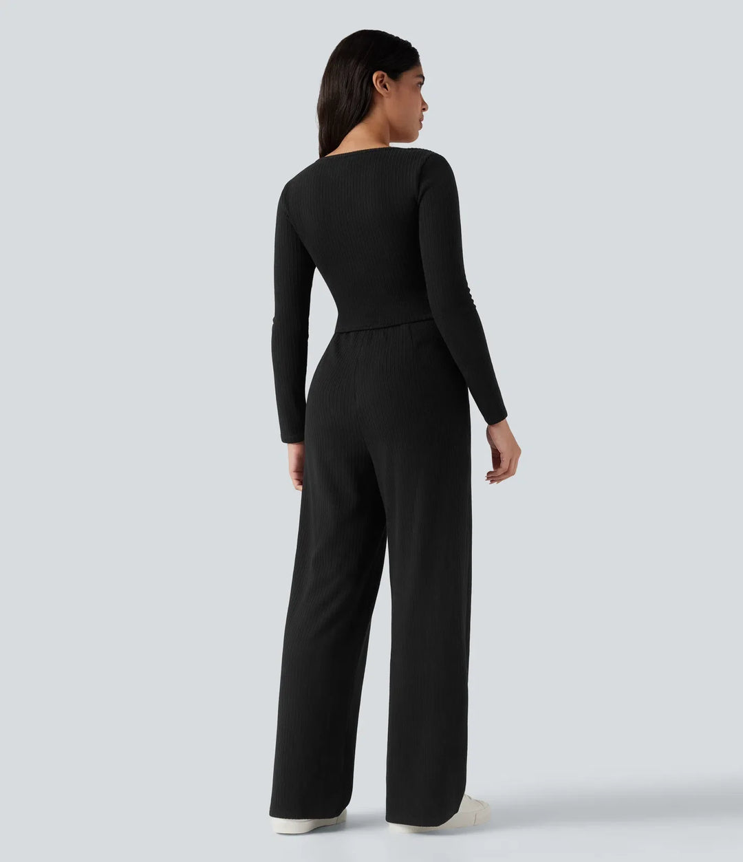 Ribbed Henley Long Sleeve Casual Jumpsuit with Pockets-Easy Peezy