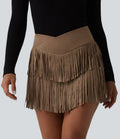 Crossover High Waisted 2-in-1 Fringe Hem Bodycon Mini Suede Party Skirt