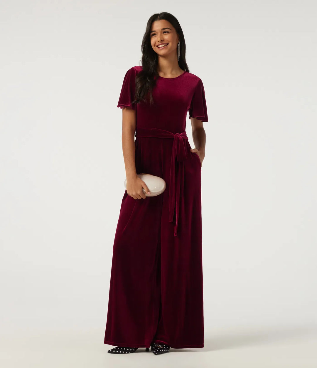 Round Neck Flounce Short Sleeve Keyhole Back Tie Front Velvet Party Jumpsuit with Pockets -Easy Peezy Edition