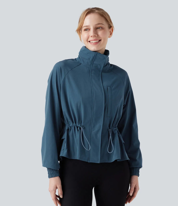 Stowable Hood Drawstring Contrast Mesh Ruffle Hem Workout Jacket with Pocket