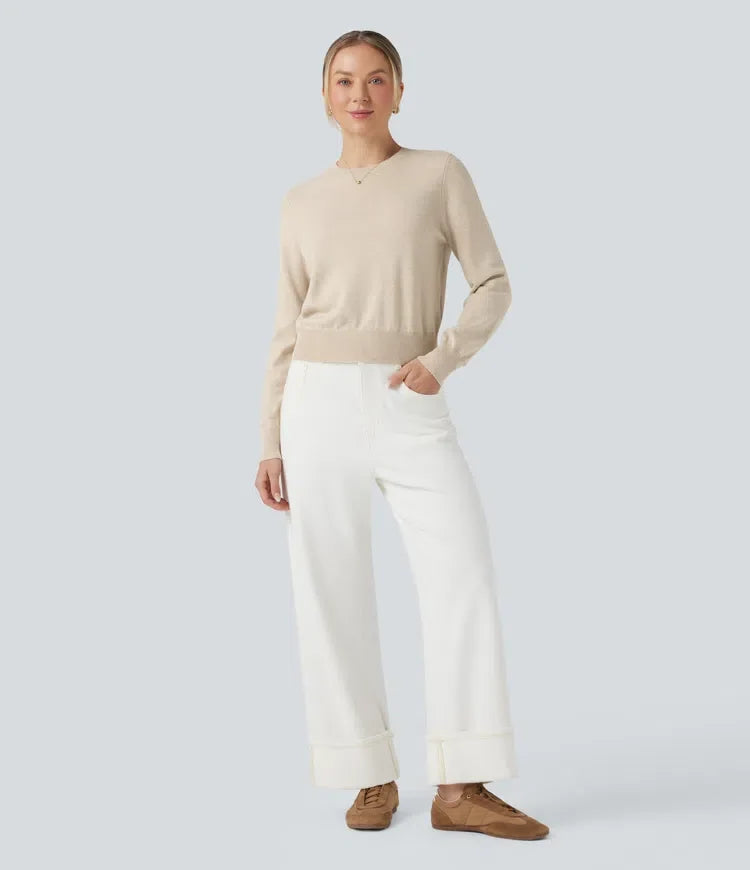 Round Neck Long Sleeve Wool-Blend Work Sweater