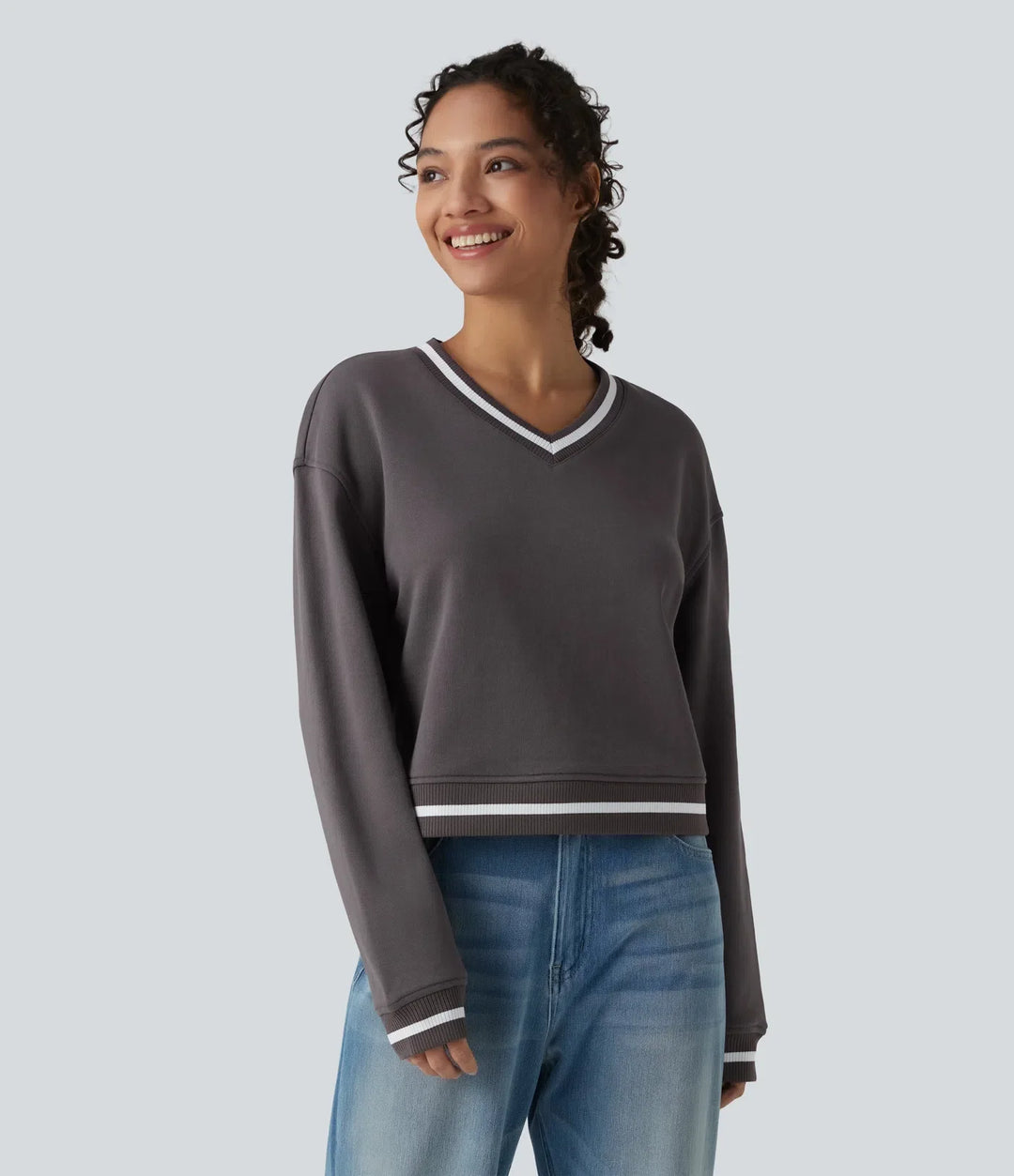 V Neck Long Sleeve Color Block Casual Cotton Sweatshirt